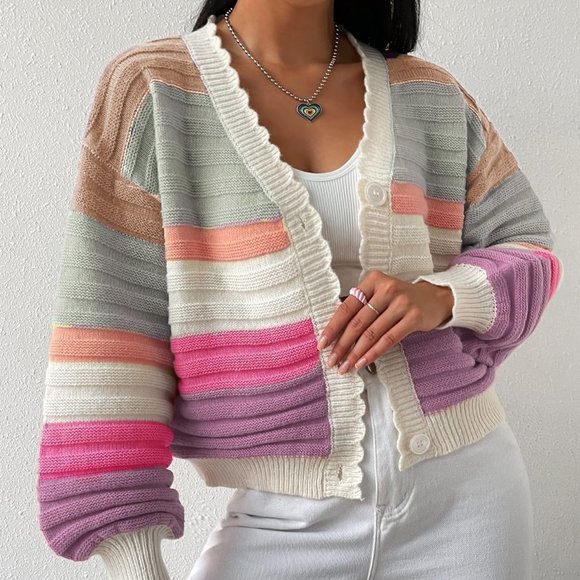Multicolor Casual Womens Colorblock Scallop Trim Drop Shoulder Cardigan - Picture 5 of 5
